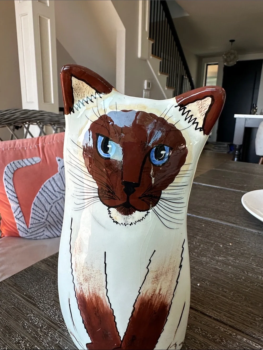 Handpainted Ceramic Cat Vase Figurine in Cream and Brown